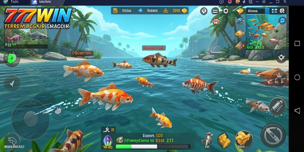Screenshot utama menunjukkan gameplay seru saat menangkap ikan.