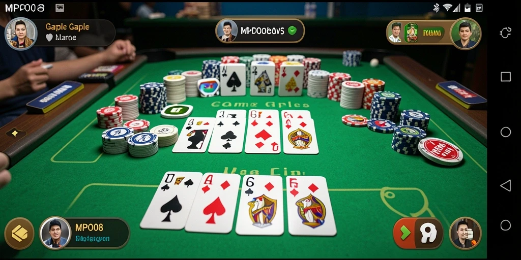 Screenshot MPO08 menampilkan keseruan gameplay Gaple yang interaktif.