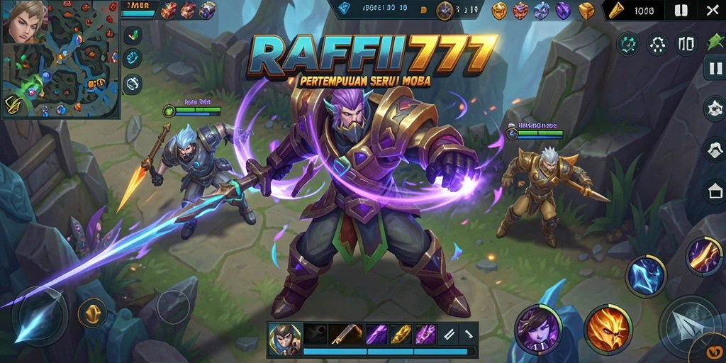 Screenshot gameplay <strong>RAFFI777</strong> menampilkan aksi memukau di arena pertempuran MOBA.